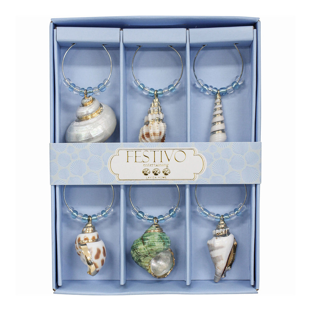 LVD Metal 13cm Wine Charms Conical Shell Champagne Bottle Ring Tag/Marker Set (6 Pieces)