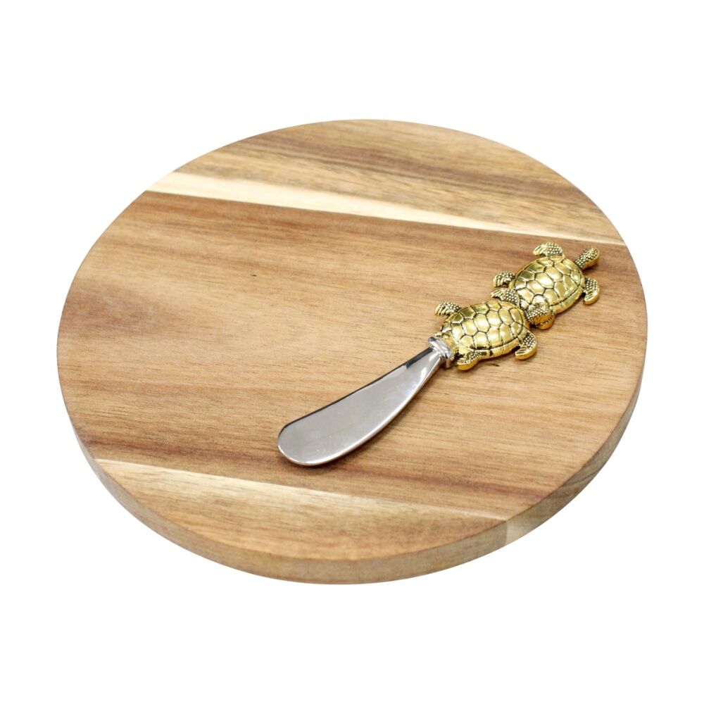 LVD Acacia Wood Round 22.5cm Board Tray/Metal Turtle Spreader Knife Cutlery Set (2 Pieces)