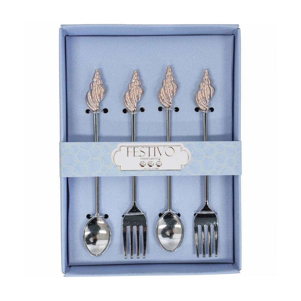 LVD Metal Decorative Shell Fork/Spoon Set Dining Utensil Cutlery Tableware SLV (4 Pack)