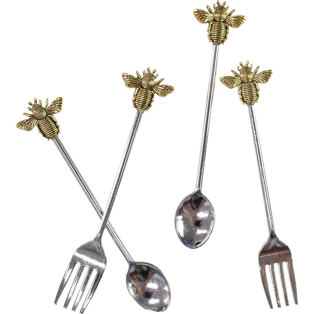 LVD Metal Bee 14.5cm Fork & Spoon Cutlery Utensil Set Tableware Gold/Silver (4 Pieces) — image 2