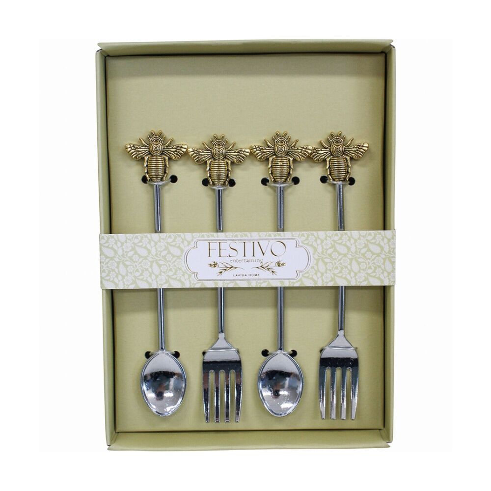 LVD Metal Bee 14.5cm Fork & Spoon Cutlery Utensil Set Tableware Gold/Silver (4 Pieces)