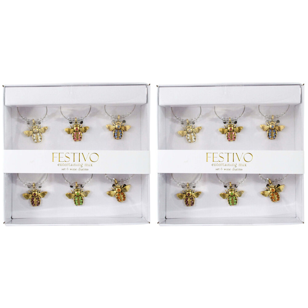 LVD 6pc LVD Jewelled Bee Alloy Wine Glass Charm Set 13x12cm Multicoloured (2 Pack)