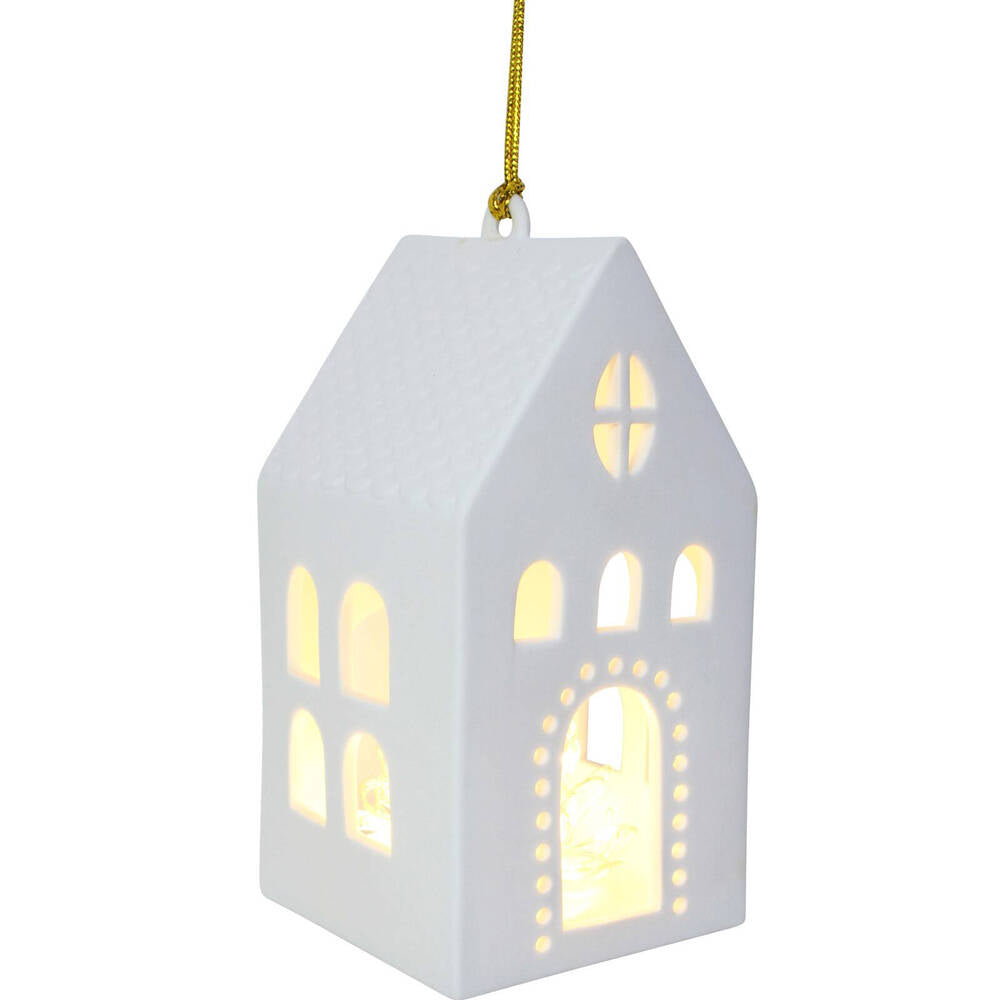 LVD Porcelain Hanging Village House Tealight Candle Holder 16cm Decor White (2 Pack)