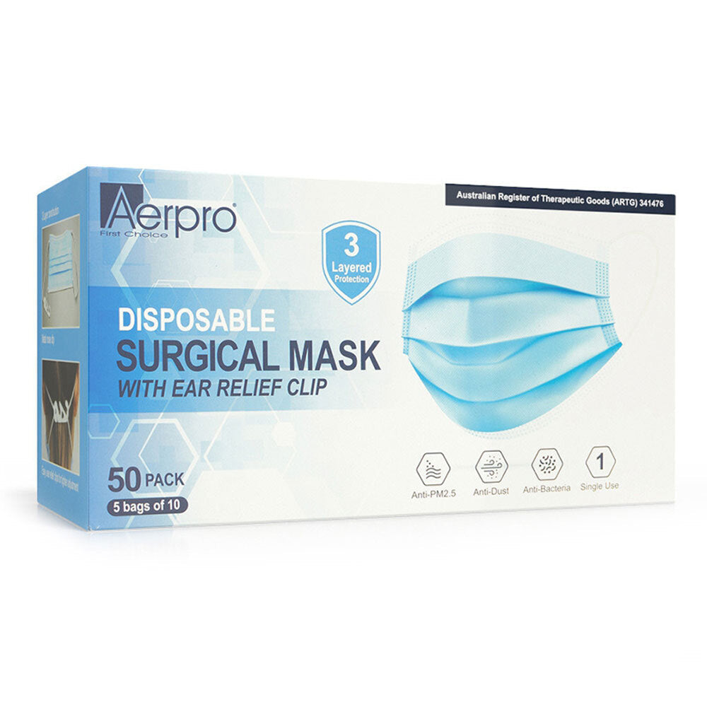 Aerpro Disposable Surgical Mask Protective 3 Layer Filter w/Ear Relief Clip (50 Pack)