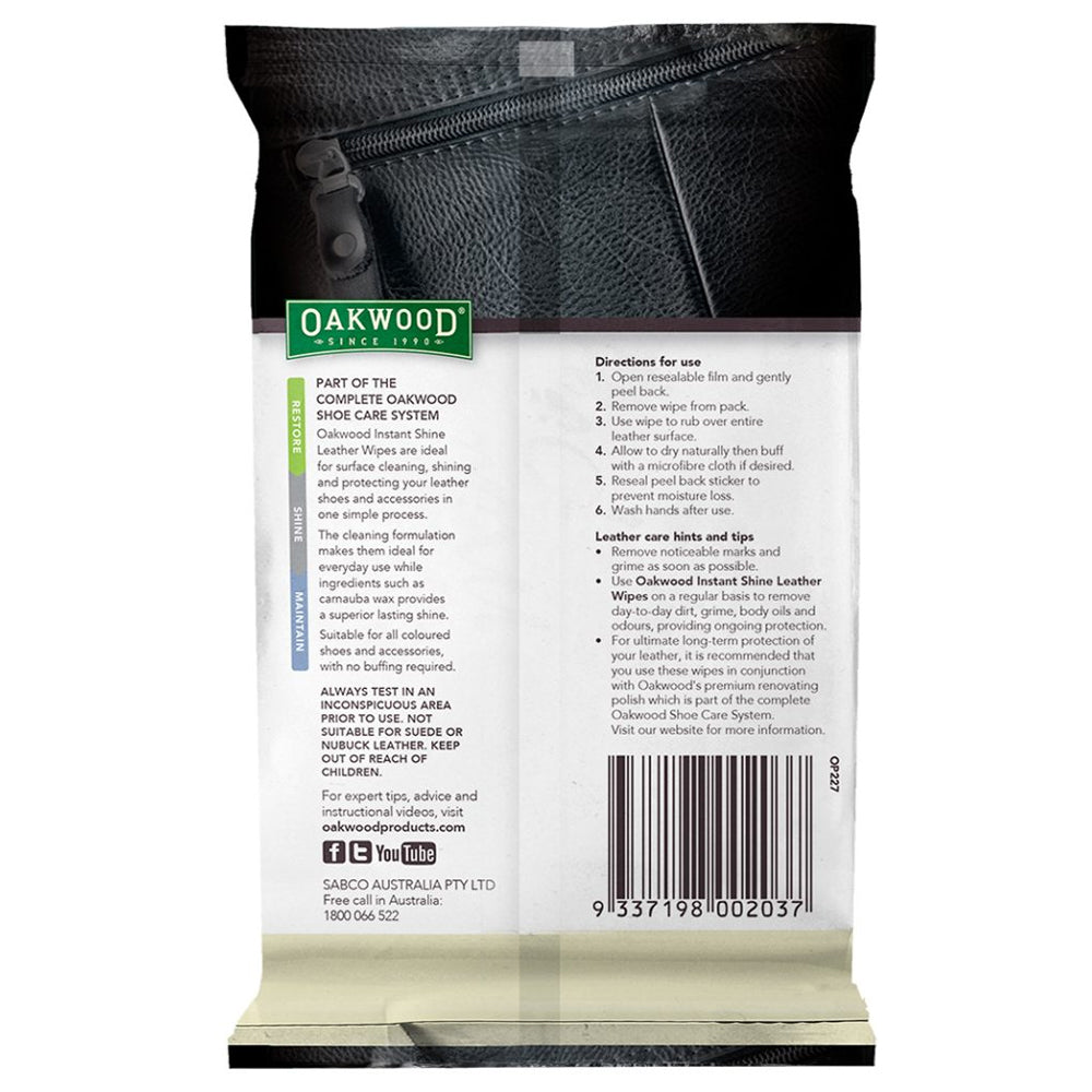 Oakwood 15x20cm Leather Care Instant Shine Wipes Shoes/Bags/Belt Cleaning (16 Pieces) — image 2