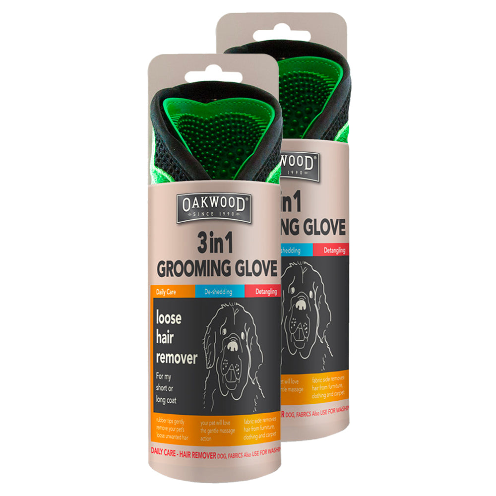 Oakwood 3 In 1 Grooming Glove Loose Hair Remover Dog/Cat Pet Deshedding Mitt (2 Pack)