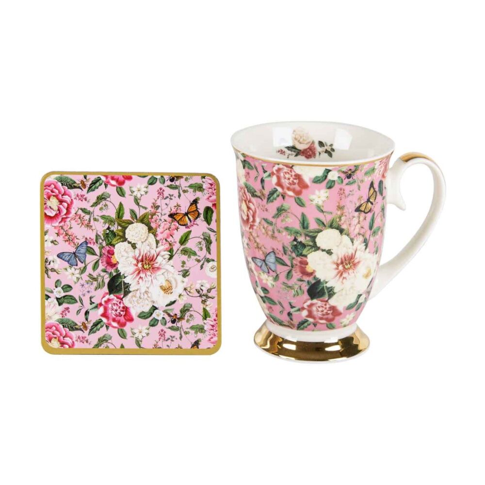 LMD Floral Garden Pink Flowers Decorative Ceramic Tea/Coffee Mug & Coaster Set 360ml — image 2