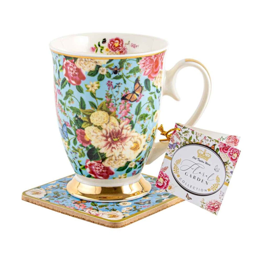 LMD Floral Garden Powder Blue Flowers Decorative Botanical Mug & Coaster Set 360ml