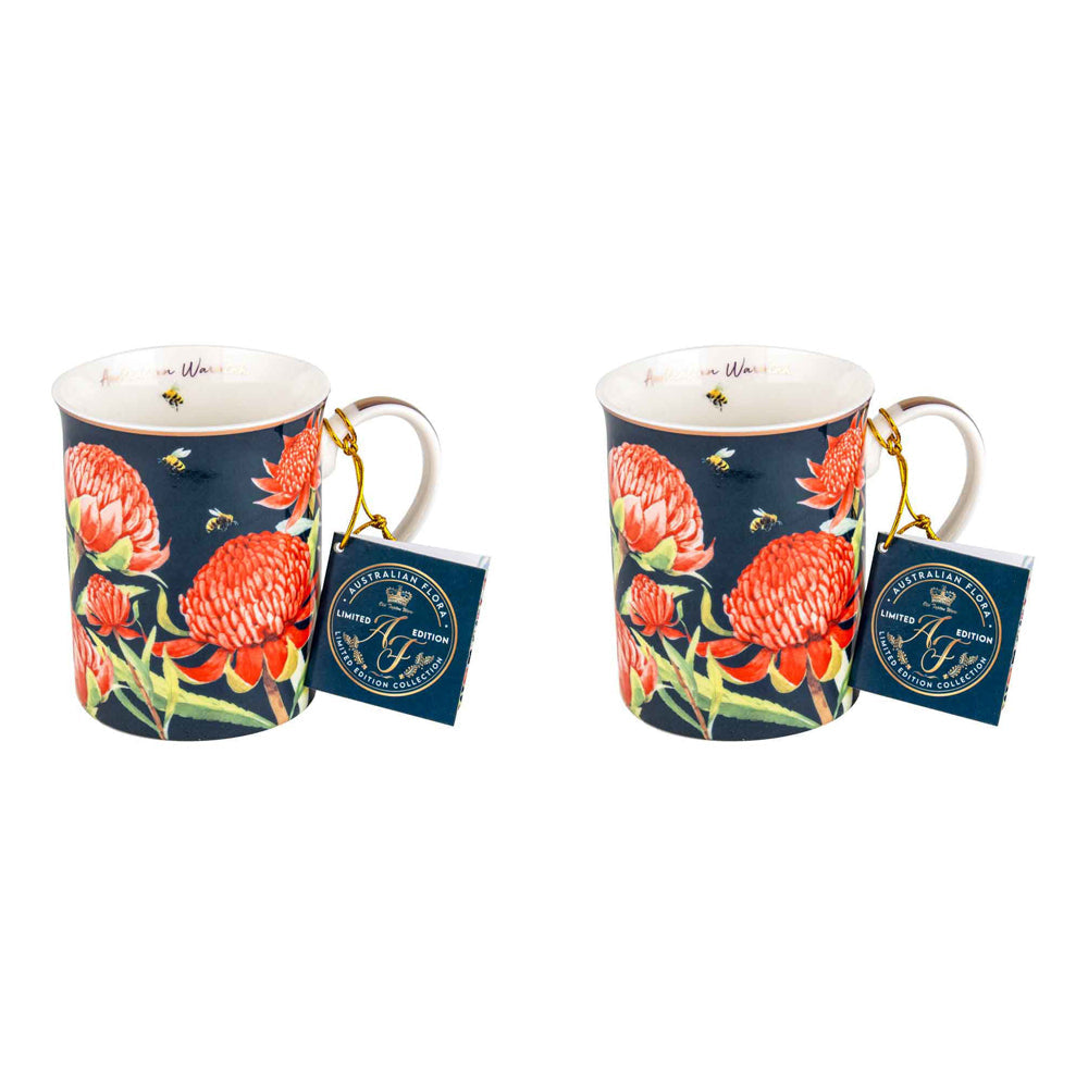 LMD Australian Flora Waratah 360ml Coffee Mug New Bone China Drink Cup w/ Handle (2 Pack)