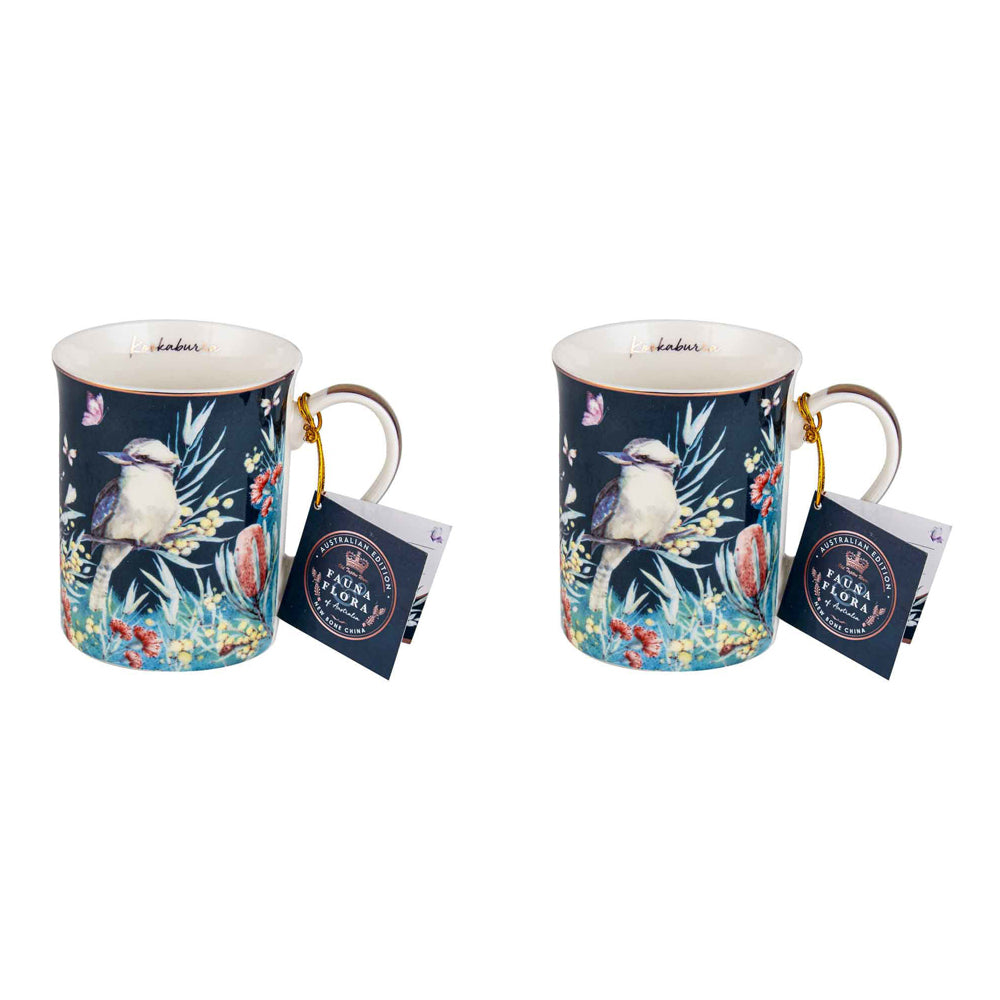 LMD Australian Flora Kookaburra 360ml Coffee Mug New Bone China Cup w/ Handle (2 Pack)