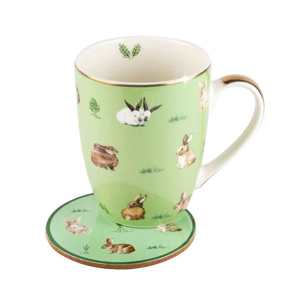 LMD Bunnies Farm Lane New Bone China Coffee Mug w/ Coaster Set 360ml Green
