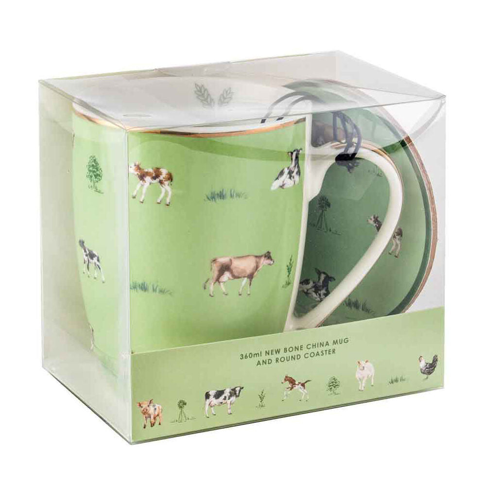 LMD Cows Farm Lane New Bone China Coffee Mug w/ Coaster 360ml Set Green — image 2