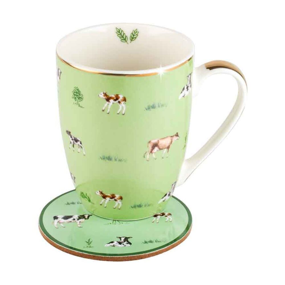 LMD Cows Farm Lane New Bone China Coffee Mug w/ Coaster 360ml Set Green (2 Pack) — image 3