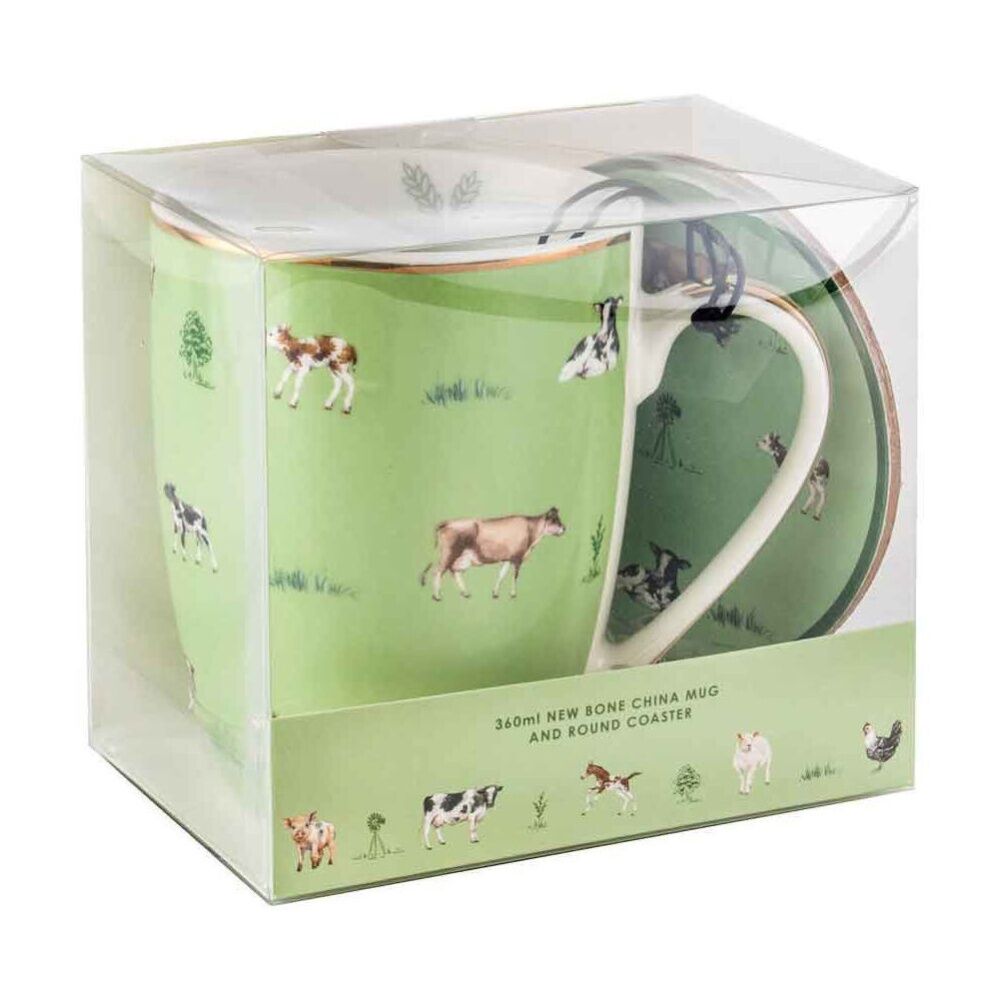 LMD Cows Farm Lane New Bone China Coffee Mug w/ Coaster 360ml Set Green (2 Pack) — image 2