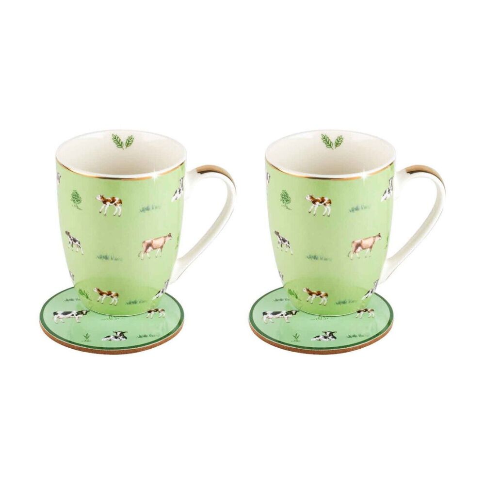 LMD Cows Farm Lane New Bone China Coffee Mug w/ Coaster 360ml Set Green (2 Pack)