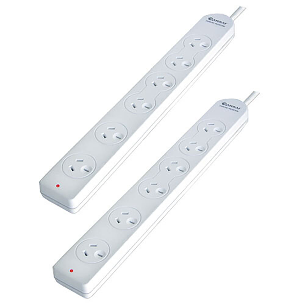 Sansai 6-Way Overload Protected Powerboard 1m Lead Extension Cord Port White (2 Pack)