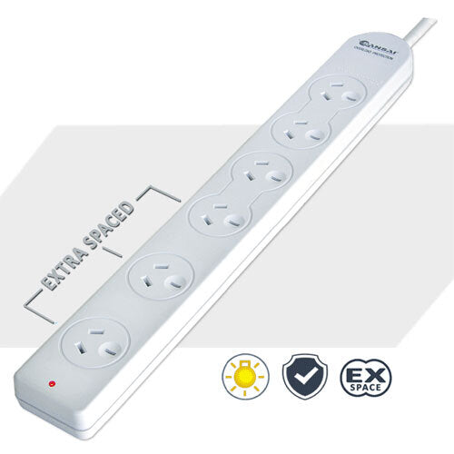 Sansai 6-Way Overload Protected Powerboard 1m Lead Extension Cord Port White — image 2