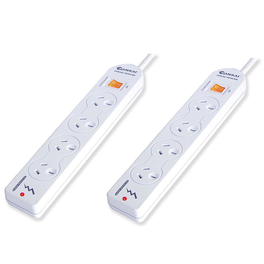 Sansai 4-Way Power Board Overload/Surge Protection/Master Switch 10A 1m Cord (2 Pack)