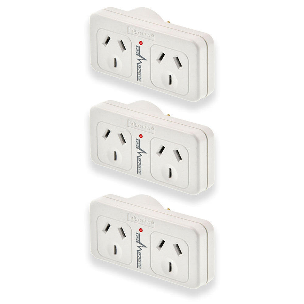 Sansai 2400W Surged Double Left Power Adaptor Plug Socket 240V Protector WHT (3 Pack)