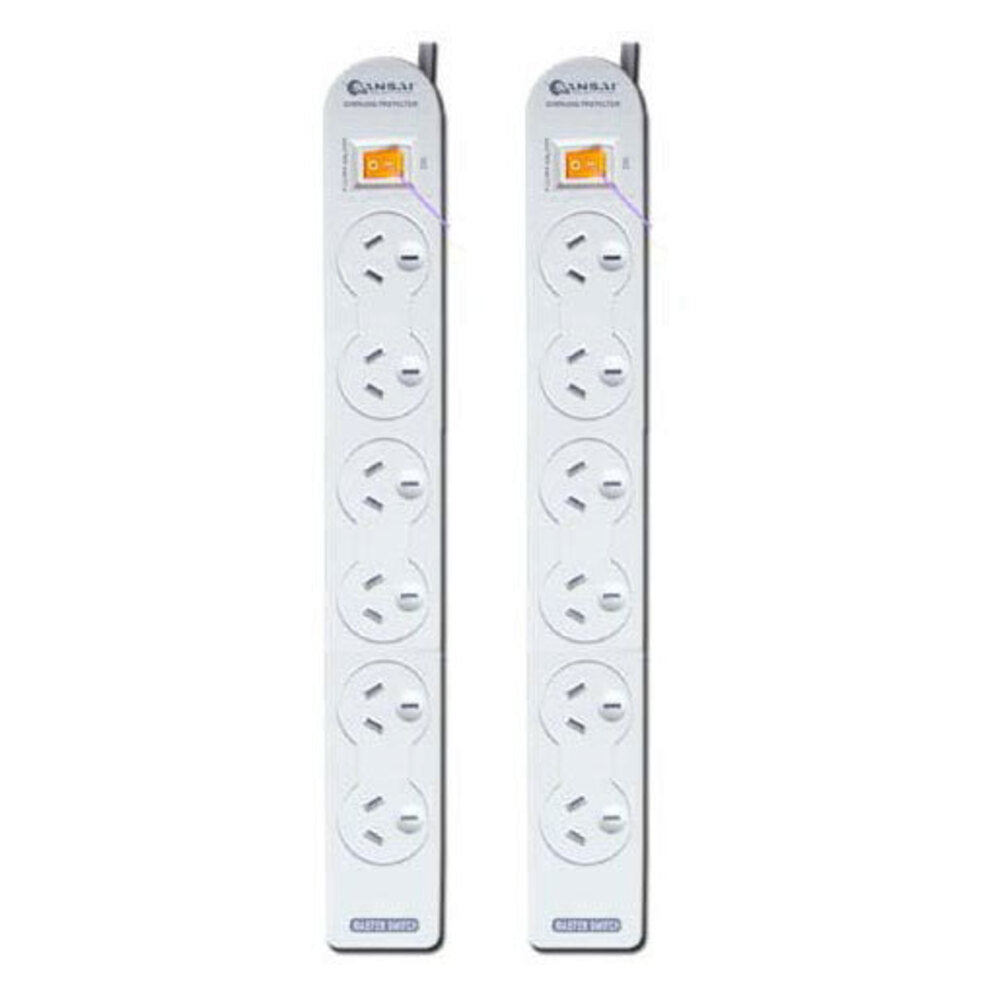 Sansai 6 Way Power Board Outlets/Socket w/ Overload Protection/1m Cord/Lead (2 Pack)