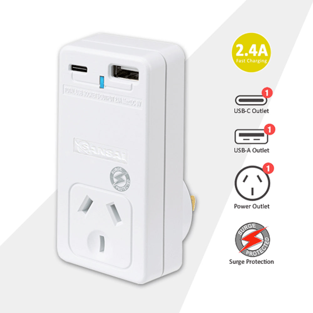 Sansai 2.4A USB Wall Socket Adaptor Phone Charger With Usb-a/usb-c Port White — image 2