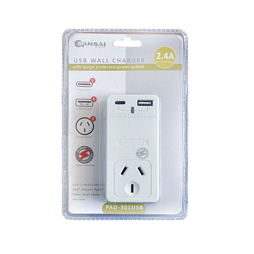 Sansai 2.4A USB Wall Socket Adaptor Phone Charger With Usb-a/usb-c Port White