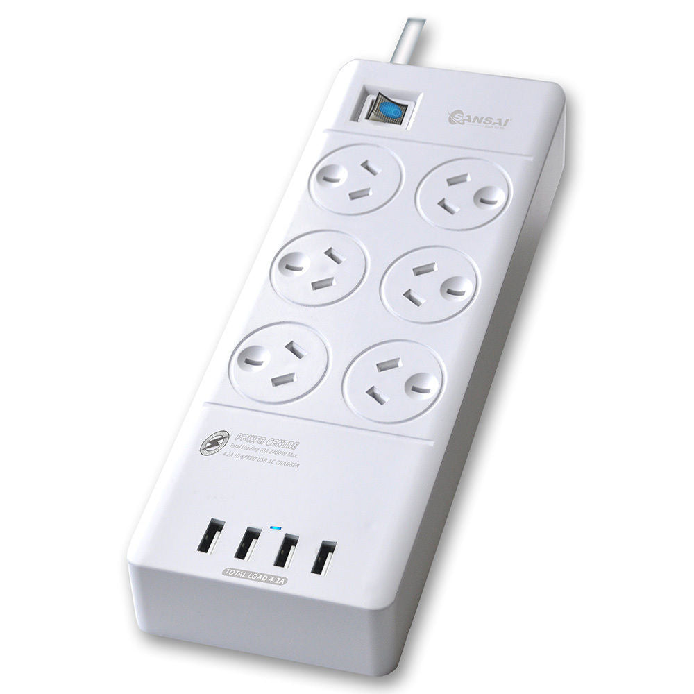 Sansai Power Board 6 Way Outlets Socket 4 Usb Charging Charger Ports w/Surge Protector