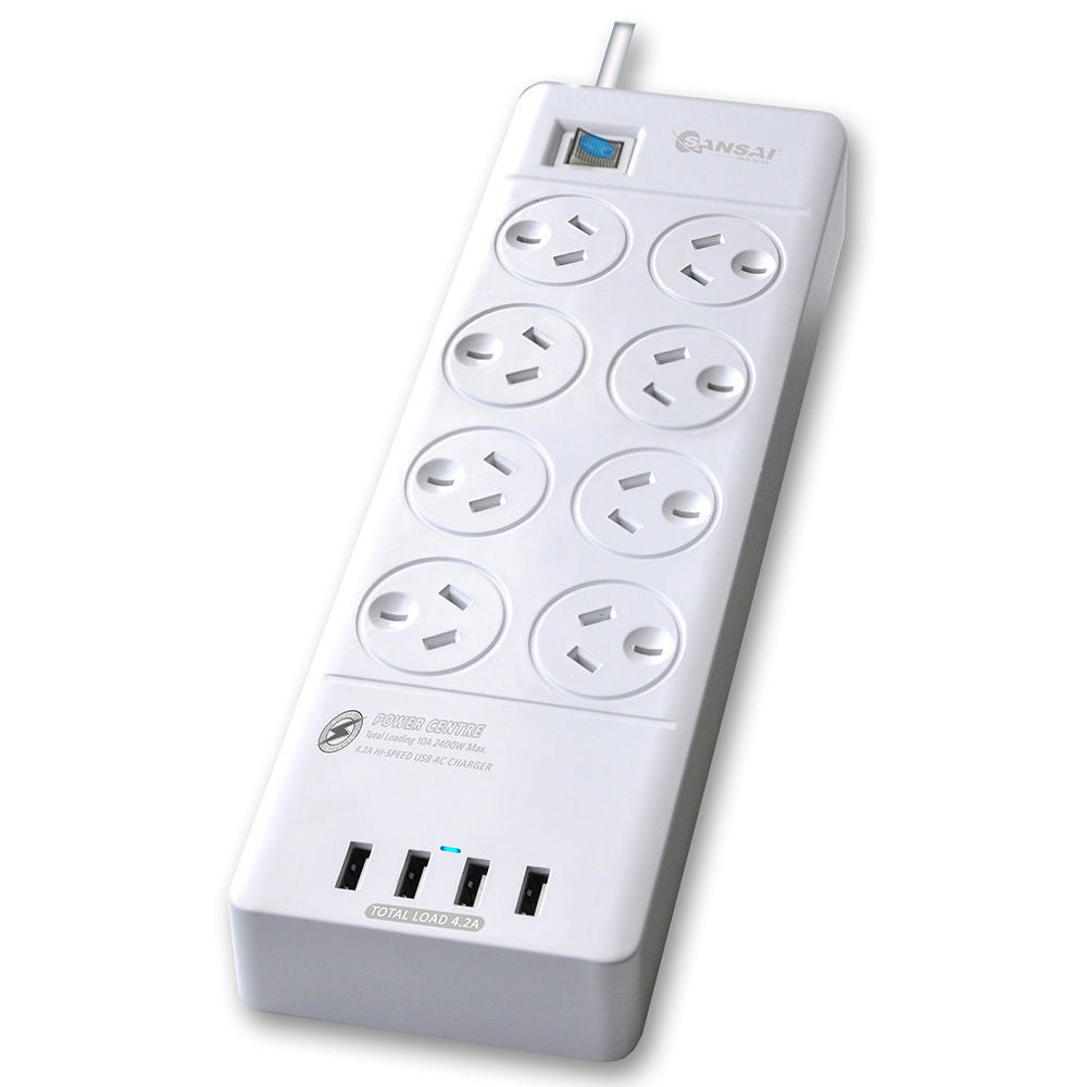 Sansai Power Board 8 Way Outlets Socket 4 Usb Charging Charger Ports w/Surge Protector