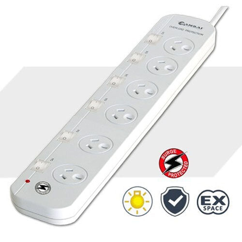 Sansai 6 Way Power board Sockets Outlets Surge Protector w/ Single Switch Powerboard — image 3