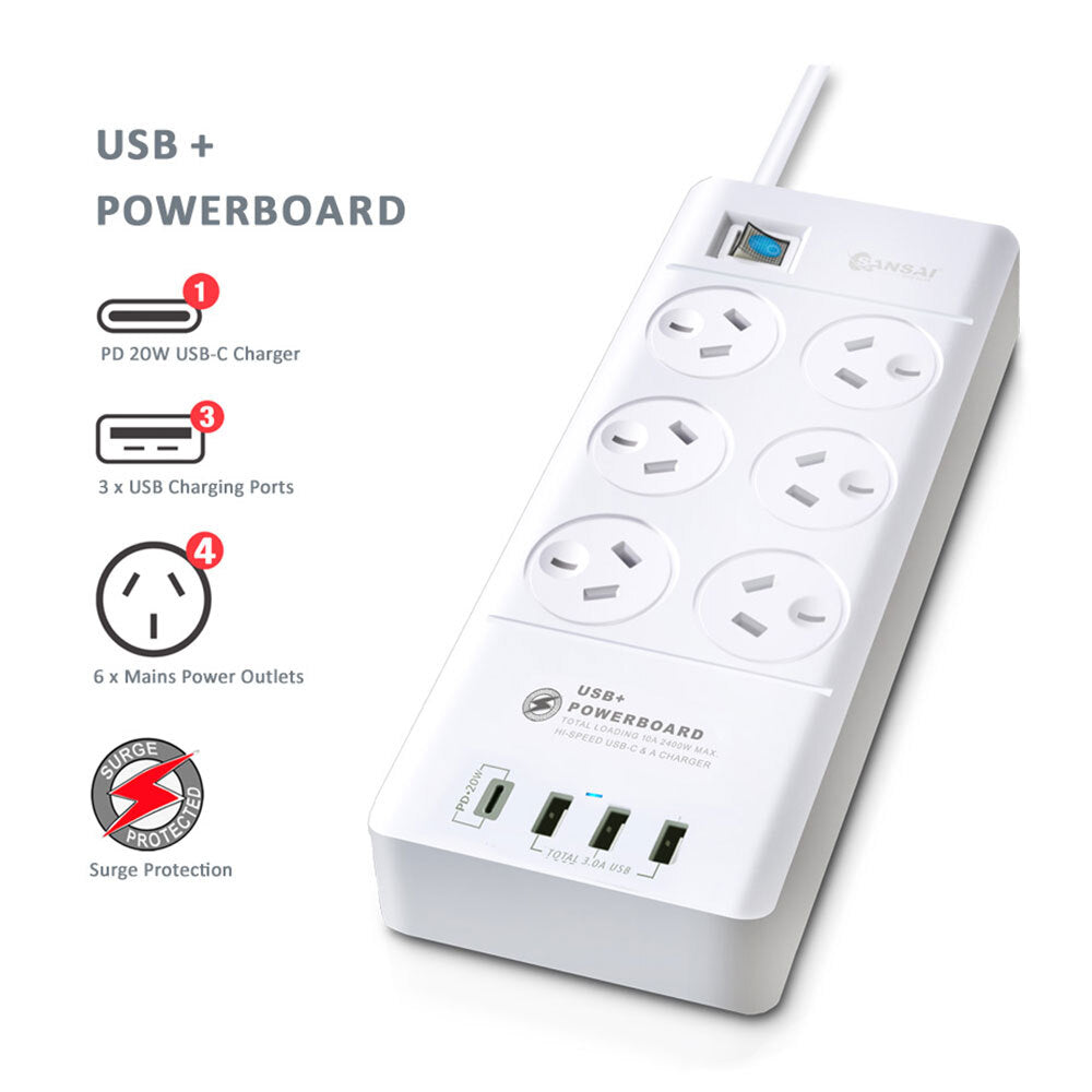 Sansai 6-Way Outlet 2400W Surge Protector Power Board/USB-A/USB-C Charger Ports — image 2