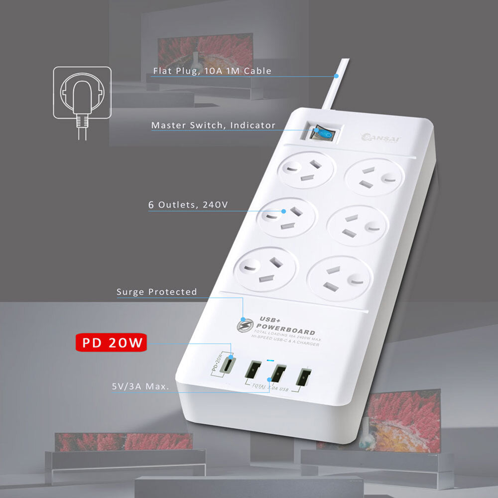 Sansai 6-Way Outlet 2400W Surge Protector Power Board/USB-A/USB-C Charger Ports — image 5