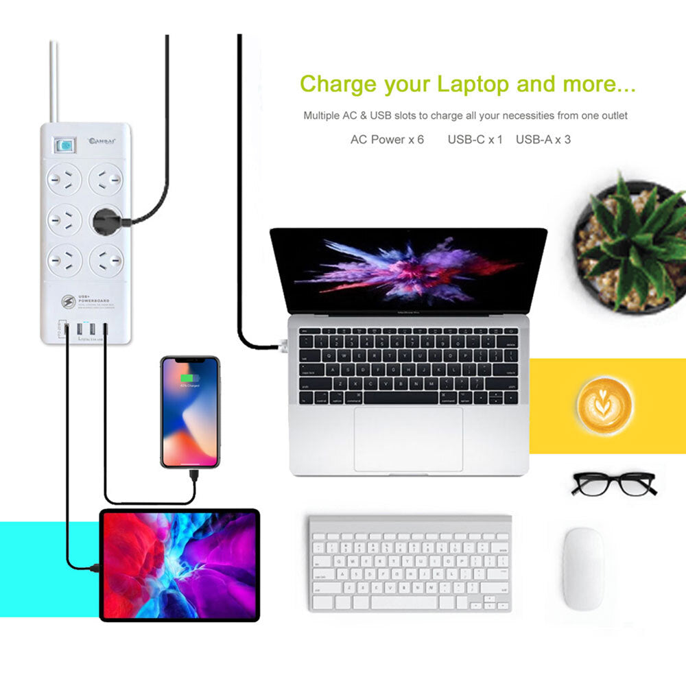 Sansai 6-Way Outlet 2400W Surge Protector Power Board/USB-A/USB-C Charger Ports — image 4
