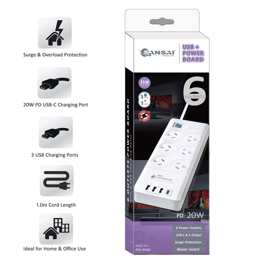 Sansai 6-Way Outlet 2400W Surge Protector Power Board/USB-A/USB-C Charger Ports — image 3