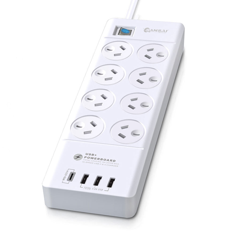 Sansai 8-Way Power Outlet 2400W Surge Protected Board Charger Ports Usb-a/usb-c