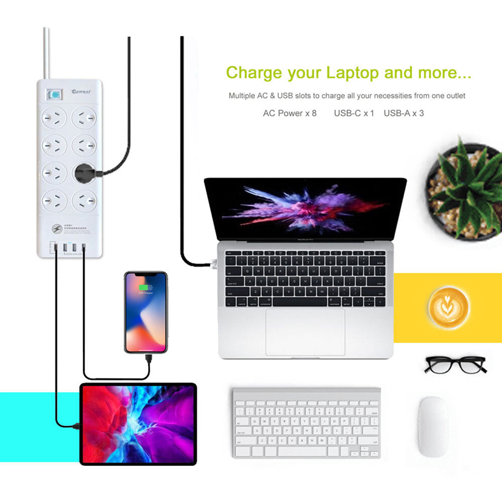 Sansai 8-Way Power Outlet 2400W Surge Protected Board Charger Ports Usb-a/usb-c — image 4