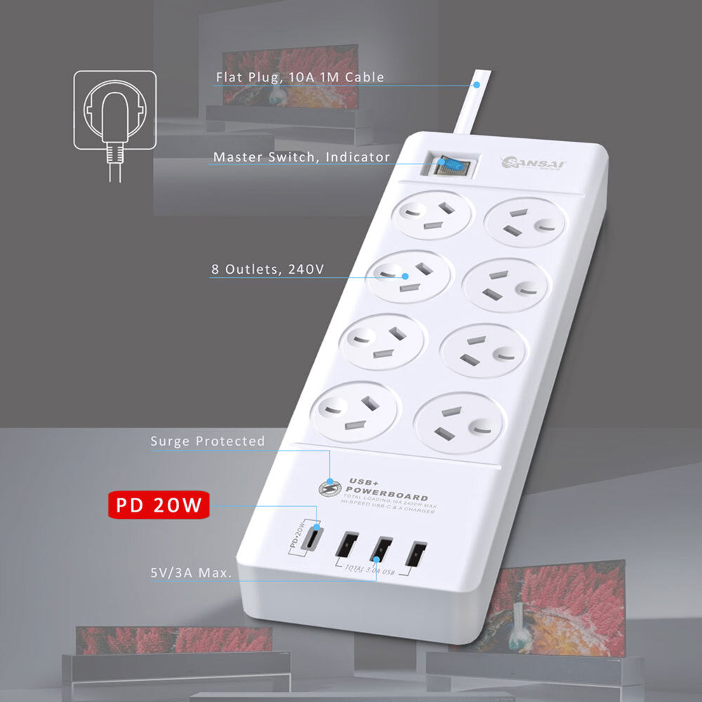 Sansai 8-Way Power Outlet 2400W Surge Protected Board Charger Ports Usb-a/usb-c — image 5