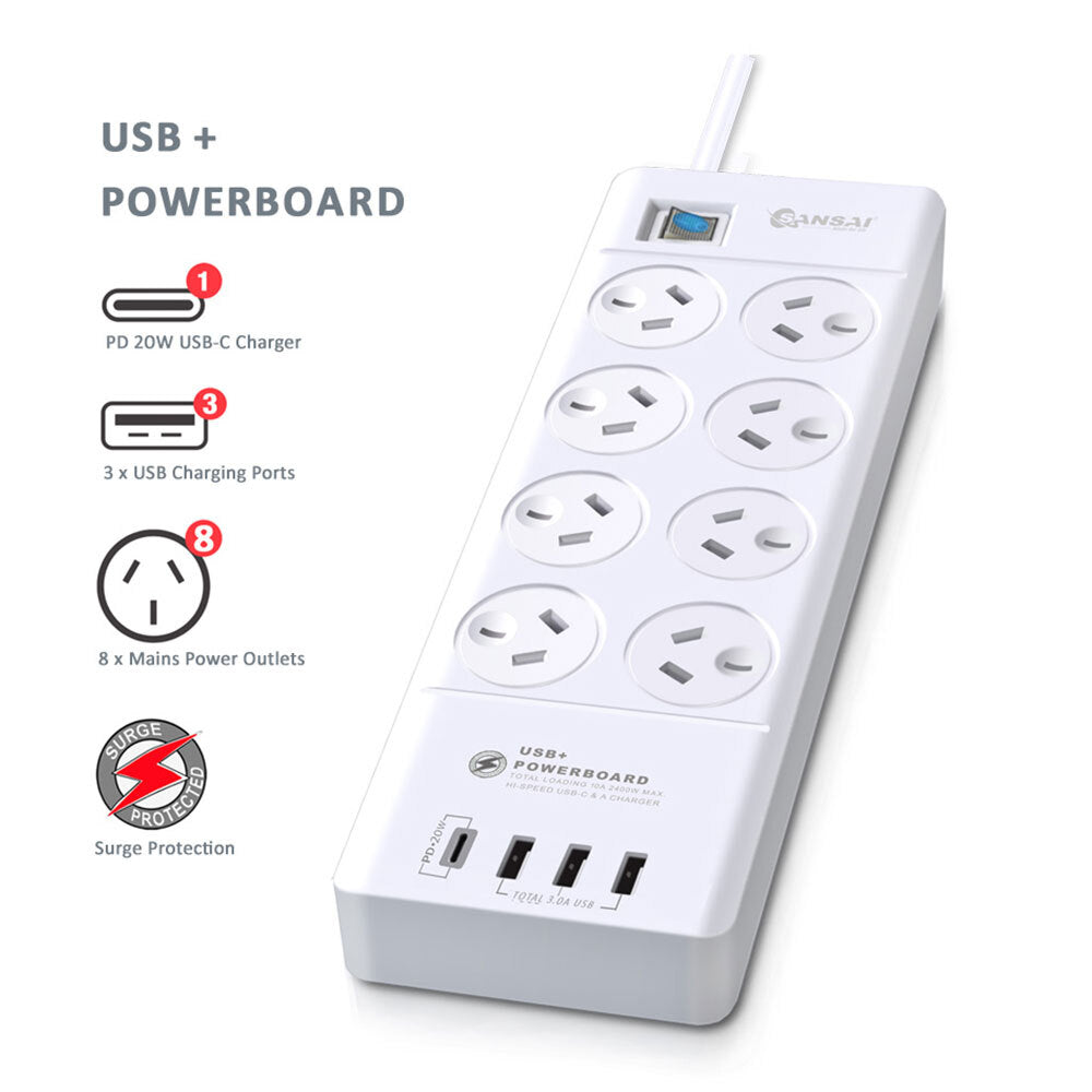 Sansai 8-Way Power Outlet 2400W Surge Protected Board Charger Ports Usb-a/usb-c — image 2