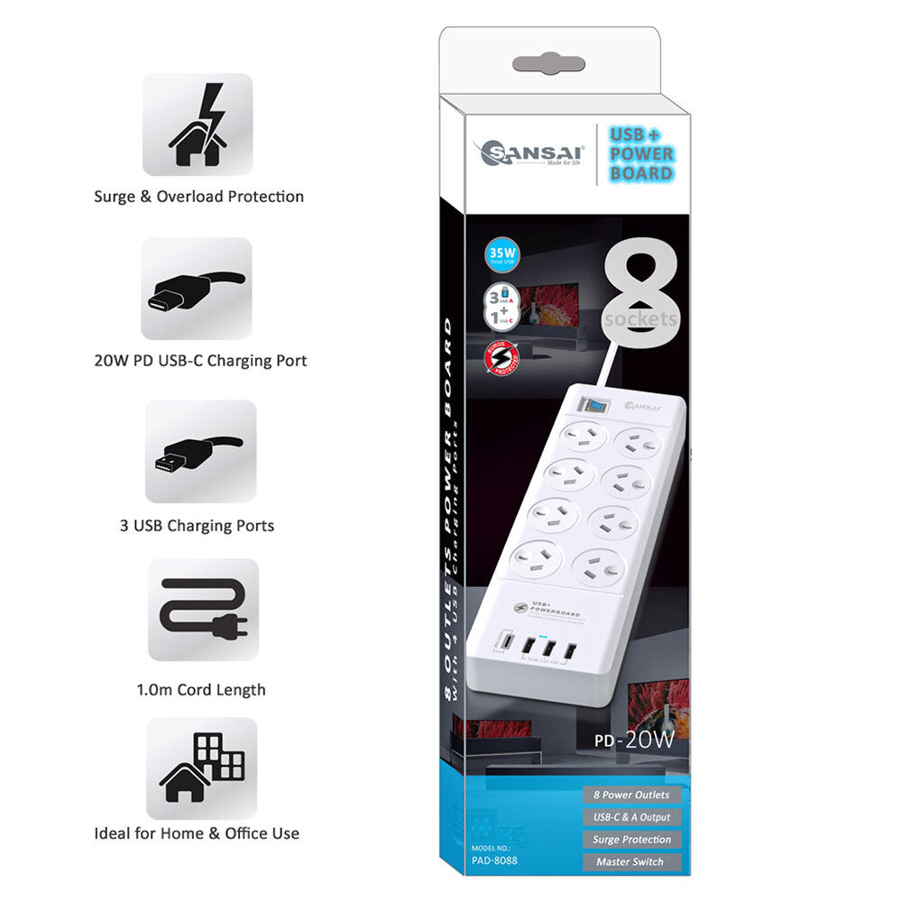 Sansai 8-Way Power Outlet 2400W Surge Protected Board Charger Ports Usb-a/usb-c — image 3