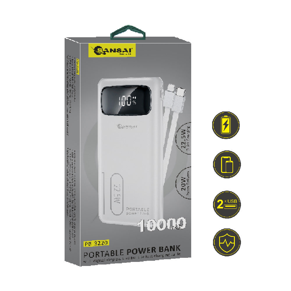 Sansai Power Bank 10000mAh 22.5W PD & QC w/ LED Display 14x7 cm Assorted