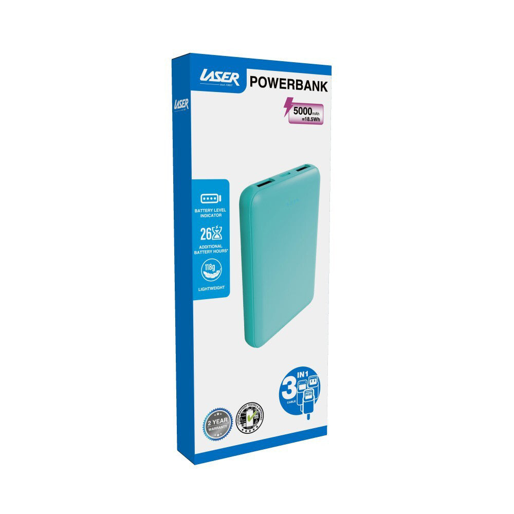 Laser 5000mAh Power Bank Battery Charger w/ 3in1 USB-C/8-Pin/microUSB Cable Aqua — image 3