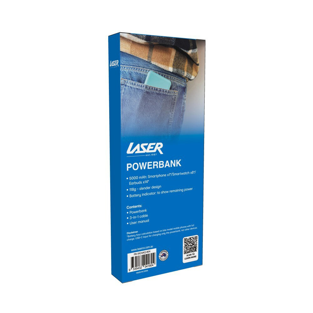 Laser 5000mAh Power Bank Battery Charger w/ 3in1 USB-C/8-Pin/microUSB Cable Aqua — image 4