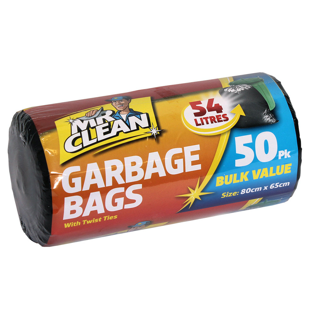 MR Clean 80x65cm Garden Bags 54L Storage w/ Twist Ties - Black (50 Pieces)