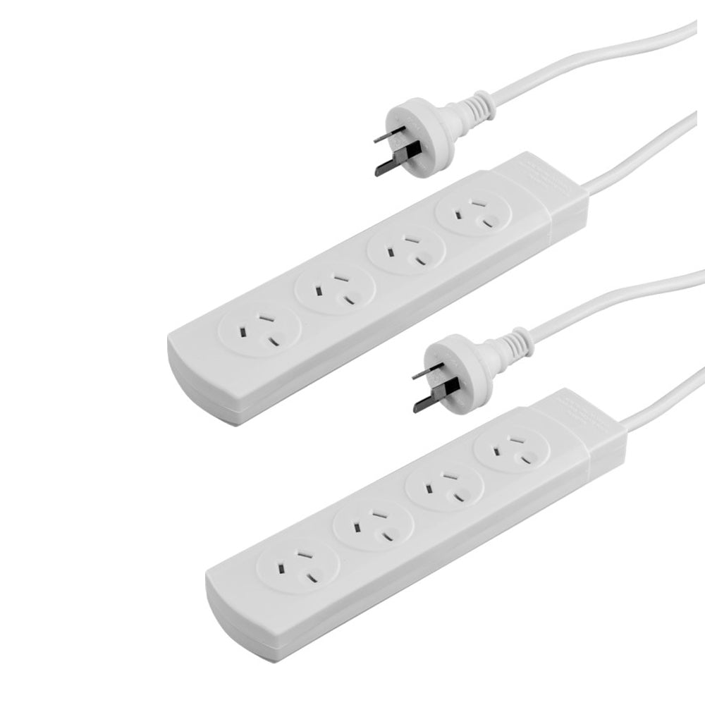 Doss 4-Way 2400W Powerboard 4 Outlets 1m Power Cord w/ Overload Protection WH (2 Pack)