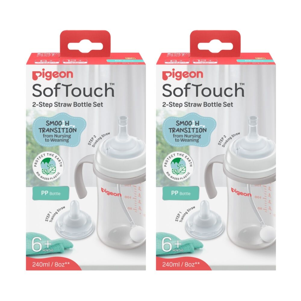 Pigeon Softouch Step-Up Straw Baby Bottle Set 240ml PP Training 6m+ (2 Pack)