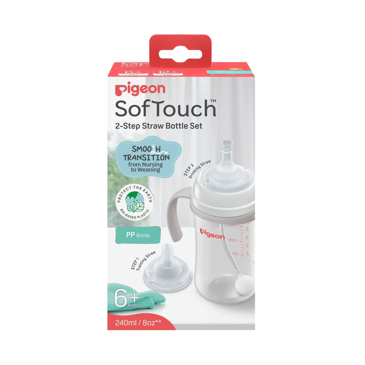 Pigeon Softouch Step-Up Straw Baby Bottle Set 240ml PP Training 6m+ (2 Pack) — image 2