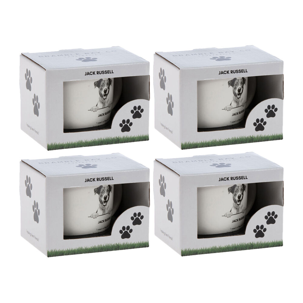 Bramble Bay Jack Russell Dog Print Novelty/Coffee Ceramic Mug White (4 Pack)