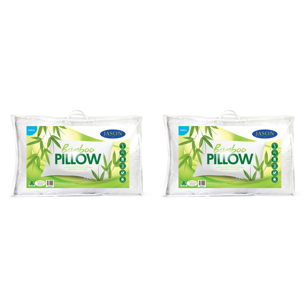 Jason Medium Feel Rectangle Bamboo Pillow Home Sleeping Cushion White (2 Pack)