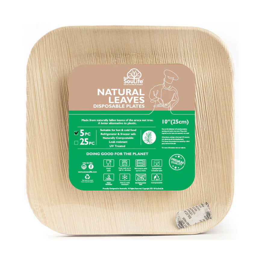 Eco Soulife Disposable Compostable Areca Nut Leaf Large Square Plates 25cm (5 Pieces)