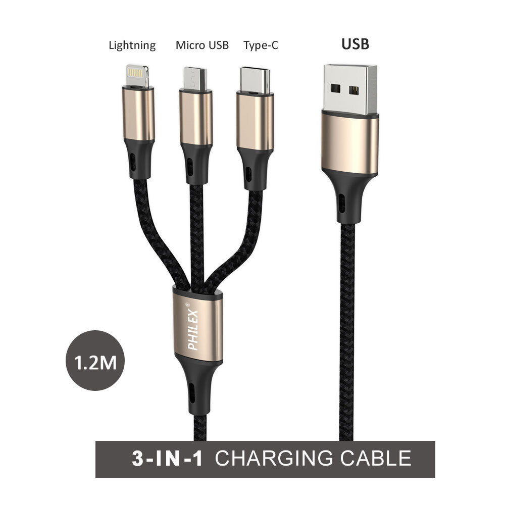 Philex 3In1 1.2m 8 Pin/Micro/USB C Charging Cable for iPhone 11/Samsung GLD — image 2