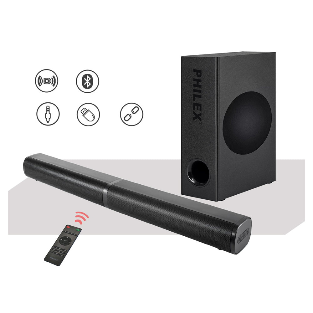 Philex 32" 60W Detachable Bluetooth Soundbar + Wired Subwoofer RCA-In/USB/HDMI — image 2